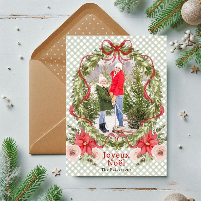 Cartes Pour Fêtes Annuelles Joyeux Noël Aquarelle Florale Bow Photo famille (Créateur téléchargé)