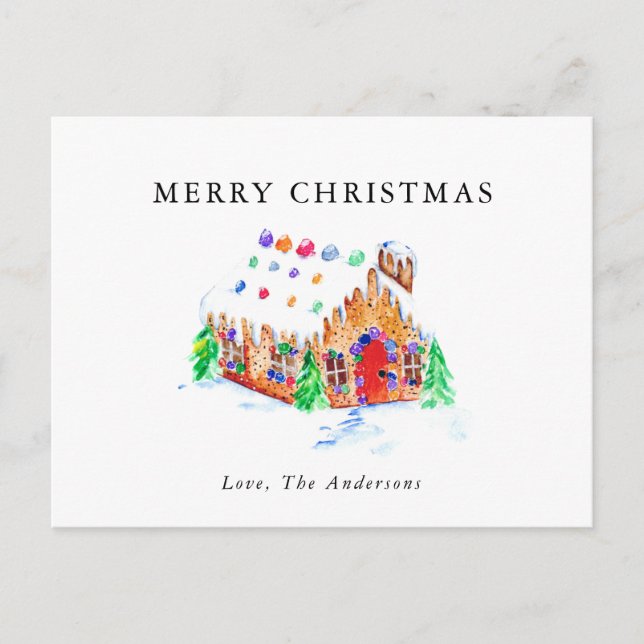 Cartes Pour Fêtes Annuelles Joyeux Noël Aquarelle Gingerbread Maison Art (Devant)