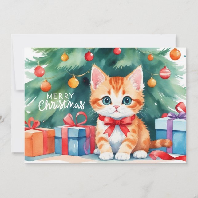 Cartes Pour Fêtes Annuelles Joyeux Noël Aquarelle Orange Kitten (Devant)
