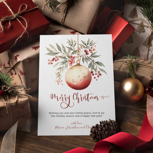 Cartes Pour Fêtes Annuelles Joyeux Noël aquarelle Ornement Holly Berry (Merry Christmas Watercolor Ornament Holly Berry Holiday Card)