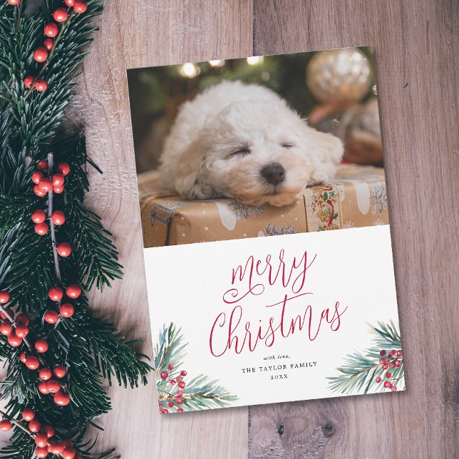 Cartes Pour Fêtes Annuelles Joyeux Noël Aquarelle Pine et Berries (Merry Christmas Watercolor Pine and Berries Holiday Card)