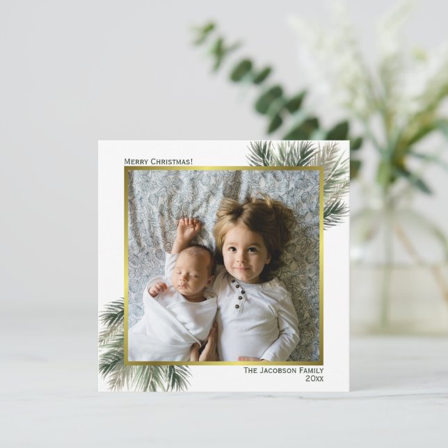 Cartes Pour Fêtes Annuelles Joyeux Noël Aquarelle Pine Sage & Gold Photo (Debout devant)