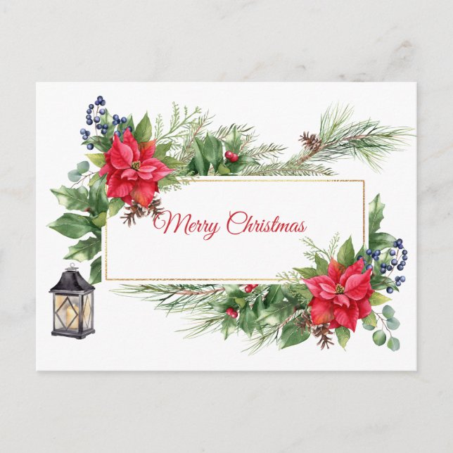 Cartes Pour Fêtes Annuelles Joyeux Noël Aquarelle Poinsettia, Berries (Devant)