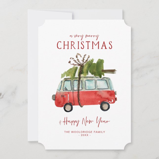 Cartes Pour Fêtes Annuelles Joyeux Noël | Aquarelle Red Van (Devant)