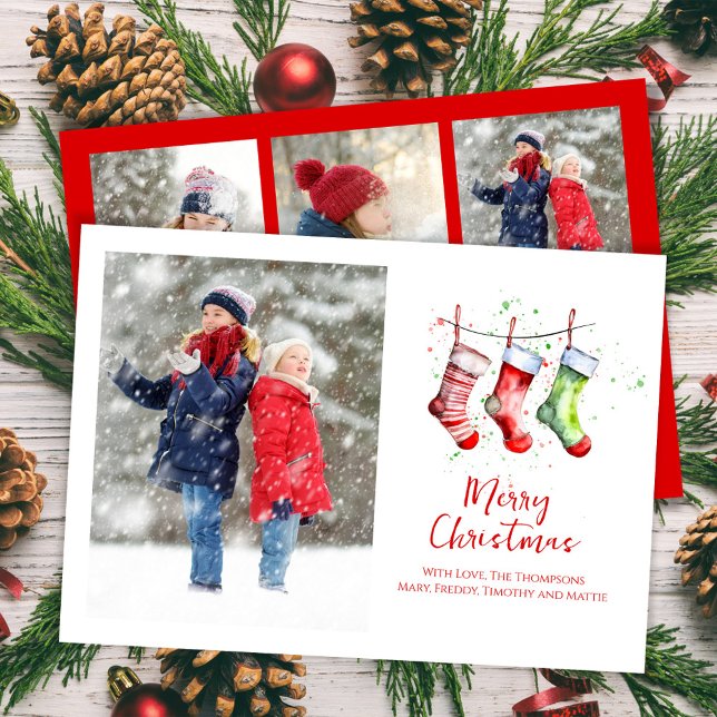 Cartes Pour Fêtes Annuelles Joyeux Noël aquarelle Stockage photo Collage (Merry Christmas holiday photo card with whimsical watercolor stockings. )