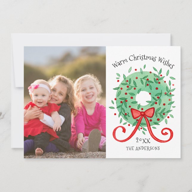 Cartes Pour Fêtes Annuelles Joyeux Noël aquarelle Wreath Family Photo (Devant)