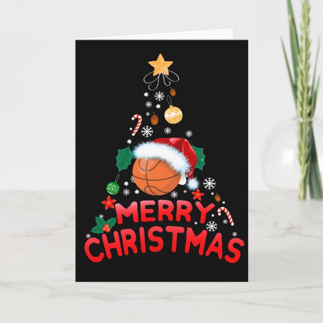 Cartes Pour Fêtes Annuelles Joyeux Noël Arbre Basketball Santa Hat 2021 (Devant)