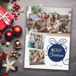 Cartes Pour Fêtes Annuelles Joyeux Noël Arbre Bleu Ornement 3 Photos<br><div class="desc">Envoyez vos salutations de vacances à votre famille et à vos amis avec cette carte de Noël photo tout simplement moderne. Le design comprend une jolie illustration de décoration d'arbre bleu foncé et de l'espace pour 3 images... 1 horizontales et 2 petites images carrés.</div>