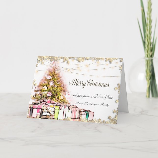 Cartes Pour Fêtes Annuelles Joyeux Noël, Arbre de Noël, Présents, Lumières (Devant)