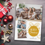 Cartes Pour Fêtes Annuelles Joyeux Noël Arbre d'Or Ornement 3 Photos<br><div class="desc">Envoyez vos salutations de vacances à votre famille et à vos amis avec cette carte de Noël photo moderne et ludique. Le design comprend un joli ornement d'arbre doré avec ruban et espace pour 3 images... 1 horizontales et 2 petites images carrés.</div>