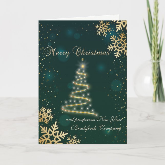 Cartes Pour Fêtes Annuelles Joyeux Noël Arbre Gold Snowflakes, Vert (Devant)