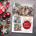Cartes Pour Fêtes Annuelles Joyeux Noël Arbre Rouge Ornement 3 Photos<br><div class="desc">Envoyez vos salutations de vacances à votre famille et à vos amis avec cette carte de Noël photo tout simplement moderne. Le design comprend un joli ornement d'arbre rond rouge foncé et une illustration de ruban et de l'espace pour 3 images... 1 horizontales et 2 petites images carrés.</div>