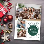 Cartes Pour Fêtes Annuelles Joyeux Noël Arbre Vert Ornement 3 Photos<br><div class="desc">Envoyez vos salutations de vacances à votre famille et à vos amis avec cette carte de Noël joli et joyeux. Le design comprend un ornement d'arbre vert foncé avec un graphisme ruban et de l'espace pour 3 images... 1 horizontales et 2 petites images carrés.</div>