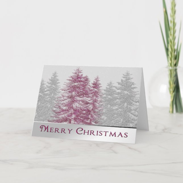 CARTES POUR FÊTES ANNUELLES JOYEUX NOËL - ARBRES-NEIGE-ARGENT ROSE-ROSE/GRIS (Devant)