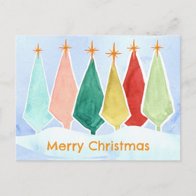 Cartes Pour Fêtes Annuelles Joyeux Noël Arbres Star Neige Aquarelle (Devant)
