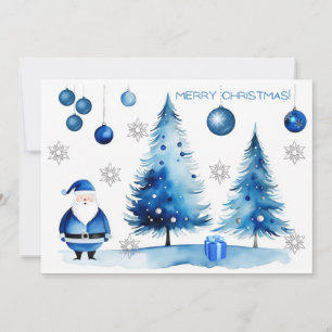 Cartes Pour Fêtes Annuelles Joyeux Noël Argent & Bleu Japandi Aquarelle