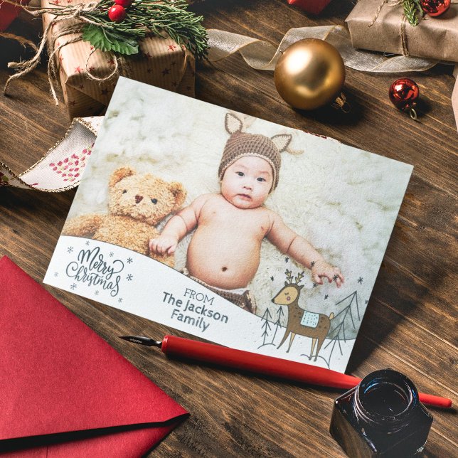 Cartes Pour Fêtes Annuelles Joyeux Noël avec photo, cadre enneigé & rennes (Créateur téléchargé)