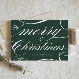 Cartes Pour Fêtes Annuelles Joyeux Noël avec une écriture élégante verte flour