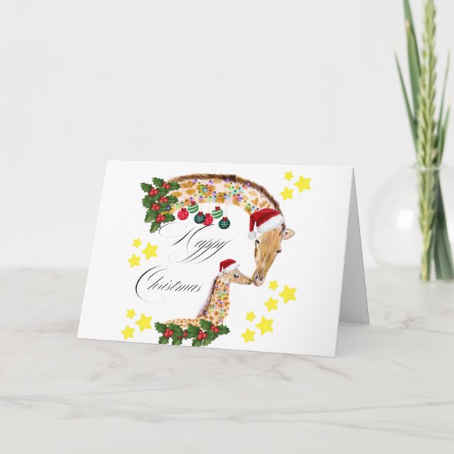 Cartes Pour Fêtes Annuelles Joyeux Noël avec une famille aimante de girafes  (Devant)