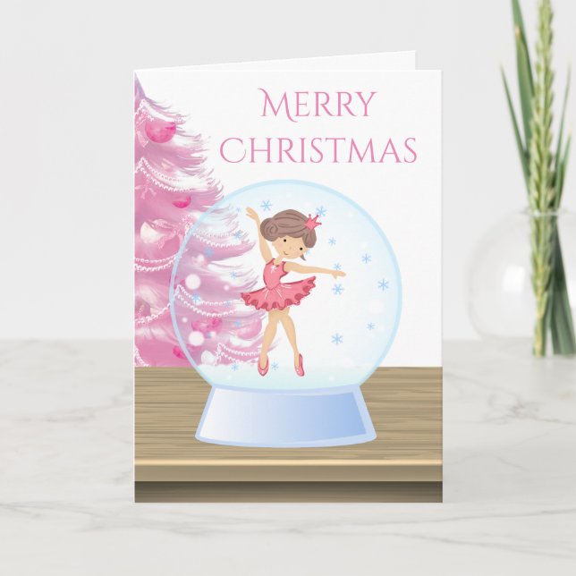 Cartes Pour Fêtes Annuelles Joyeux Noël Ballerina Snow Globe rose, blanc (Devant)