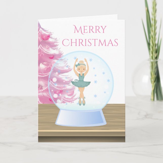 Cartes Pour Fêtes Annuelles Joyeux Noël Ballerina Snow Globe rose, blanc (Devant)