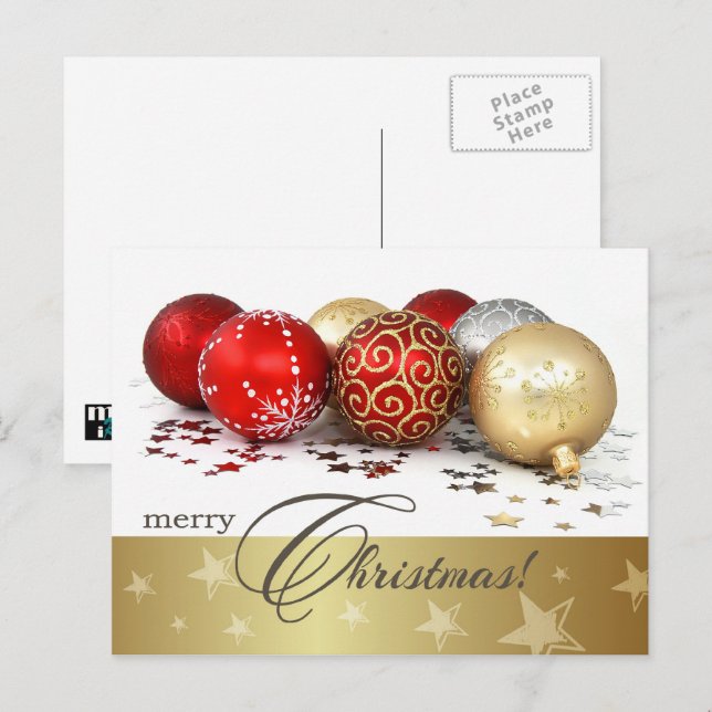 Cartes Pour Fêtes Annuelles Joyeux Noël. Baubles en or rouge (Devant / Derrière)