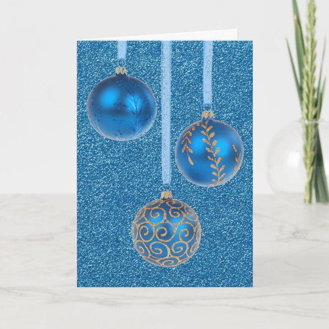 Cartes Pour Fêtes Annuelles Joyeux Noël Baubles Gold Blue Parties scintillant (Devant)