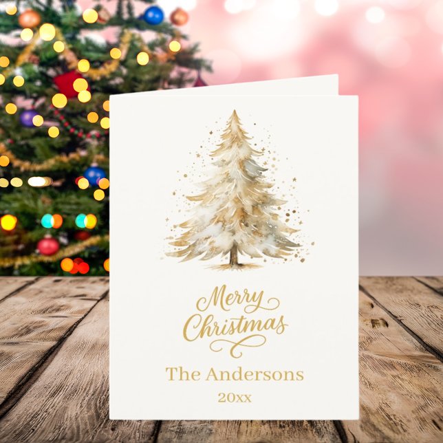 Cartes Pour Fêtes Annuelles Joyeux Noël beige arbre photo année d'examen (Créateur téléchargé)
