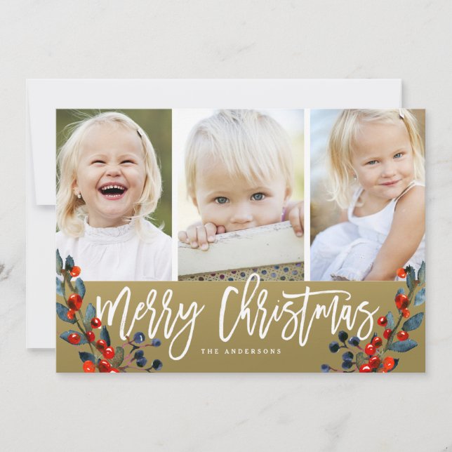 Cartes Pour Fêtes Annuelles Joyeux Noël Berries 3 Photo Holiday Card (Devant)