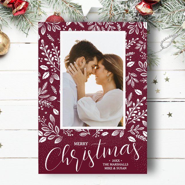 Cartes Pour Fêtes Annuelles Joyeux Noël Blanc Botanique Photo (White botanicals on cranberry Merry Christmas photo holiday cards, PRINTED and/or INSTANT DOWNLOAD)