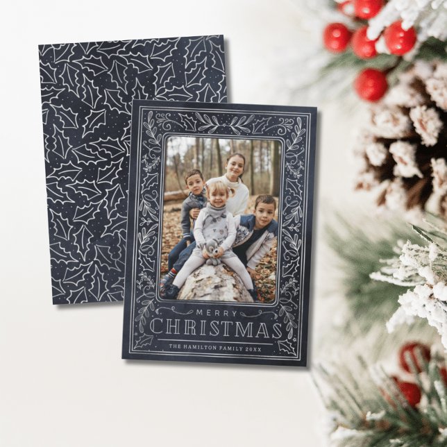 Cartes Pour Fêtes Annuelles Joyeux Noël blanc feuillage sur bleu & photo (Créateur téléchargé)
