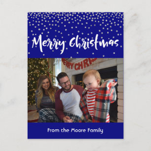 Cartes Pour Fêtes Annuelles Joyeux Noël blanc sur Navy & Silver Confetti
