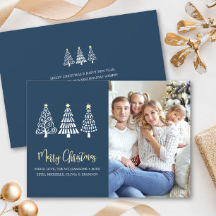 Cartes Pour Fêtes Annuelles Joyeux Noël Bleu Arbres Photo Script Fantaisiste