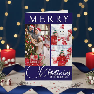 Cartes Pour Fêtes Annuelles Joyeux Noël bleu et blanc moderne Trois photos