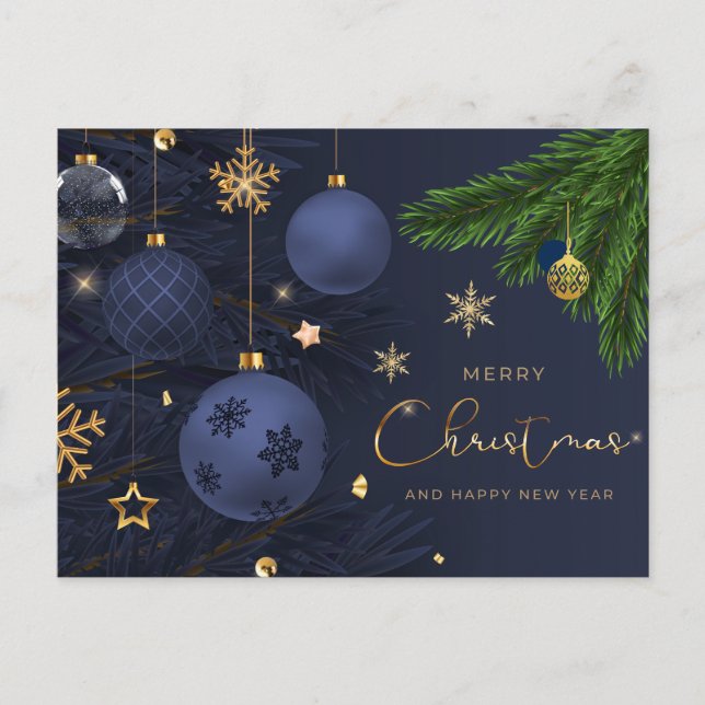 Cartes Pour Fêtes Annuelles Joyeux Noël Bleu, Ornements Or (Devant)