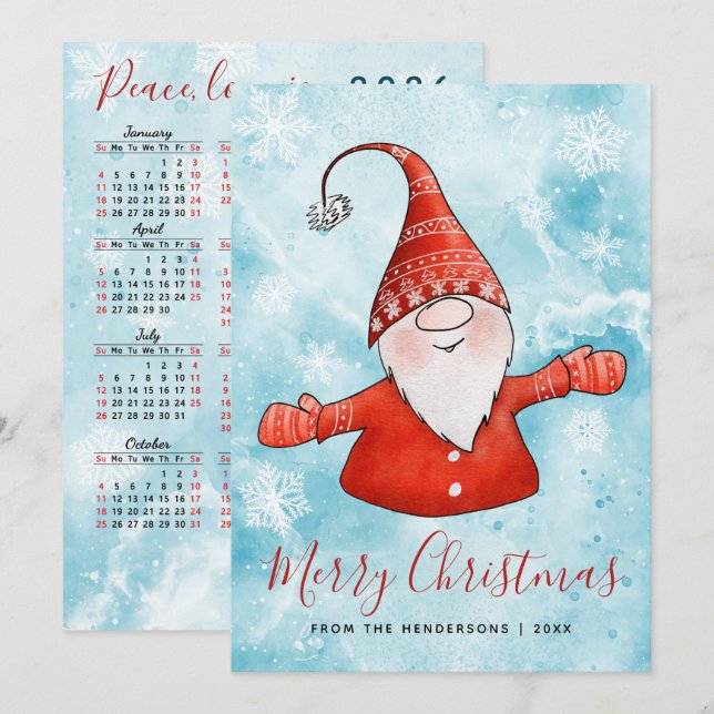 Cartes Pour Fêtes Annuelles Joyeux Noël bleu rouge Gnome 2025 Calendrier (Devant / Derrière)