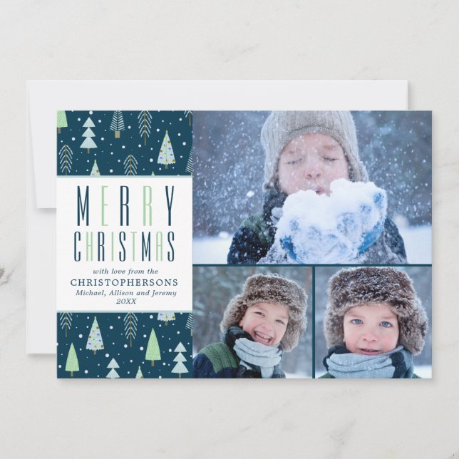 Cartes Pour Fêtes Annuelles JOYEUX NOËL Bleu Vert Arbres 3 Photos (Devant)