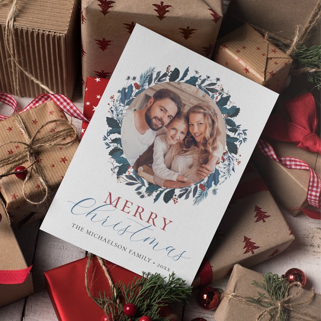 Cartes Pour Fêtes Annuelles Joyeux Noël Bleu Vert Holly Photo (Créateur téléchargé)