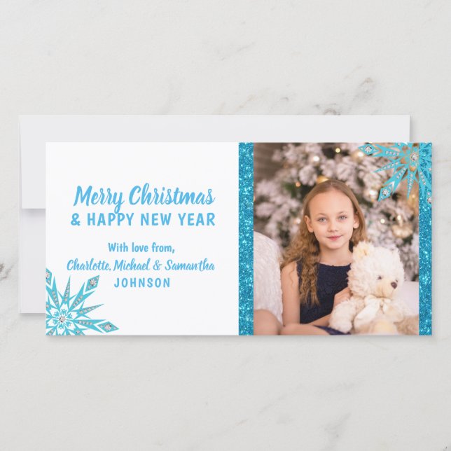 Cartes Pour Fêtes Annuelles Joyeux Noël Blue Snowflakes Parties scintillant |  (Devant)