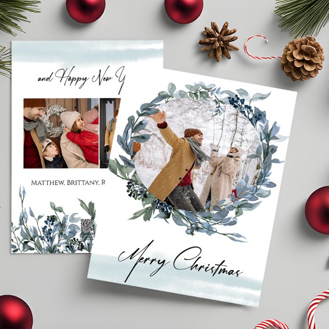 Cartes Pour Fêtes Annuelles Joyeux Noël Blue Wreath Photo Holiday Card (Créateur téléchargé)