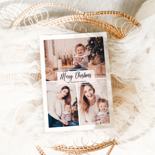 Cartes Pour Fêtes Annuelles Joyeux Noël Blush et Collage photo blanc (Créateur téléchargé)