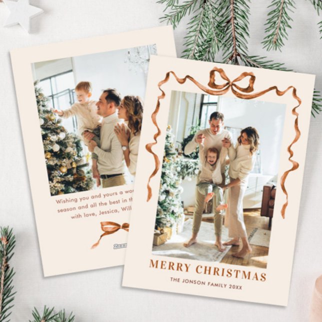 Cartes Pour Fêtes Annuelles Joyeux Noël Boho Bow Ribbon 2 Photo (Créateur téléchargé)