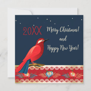 Cartes Pour Fêtes Annuelles Joyeux Noël Bonne Année ! Fleurs de l'Oiseau Rouge