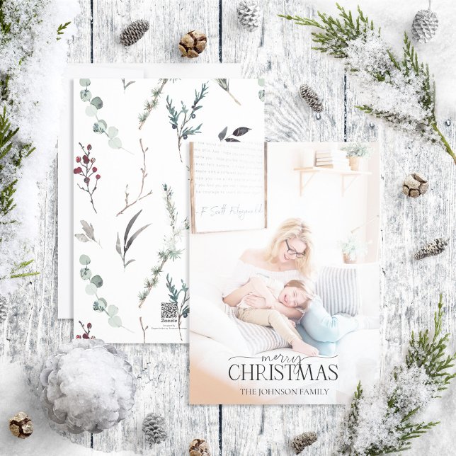 Cartes Pour Fêtes Annuelles Joyeux Noël Botanique d'hiver Noir Photo Vacances (Créateur téléchargé)