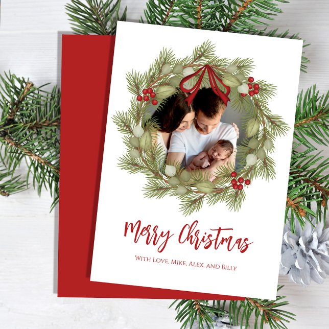Cartes Pour Fêtes Annuelles Joyeux Noël Botanique Vacances d'hiver Wreath (Merry Christmas cute calligraphy script holiday wreath photo greeting card)