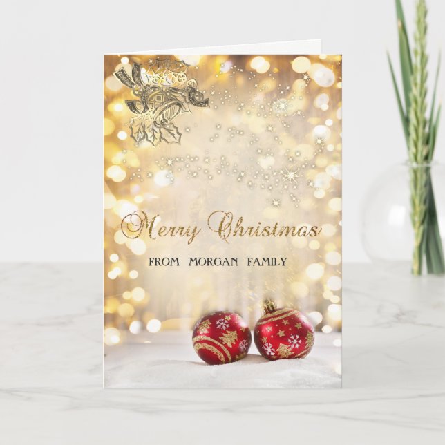 Cartes Pour Fêtes Annuelles Joyeux Noël,Boules de Noël Rouges,Cloche,Bokeh (Devant)