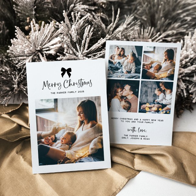 Cartes Pour Fêtes Annuelles Joyeux Noël | Bow noir et blanc avec photo (Créateur téléchargé)