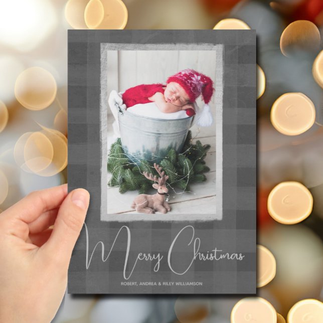 Cartes Pour Fêtes Annuelles Joyeux Noël Buffalo Check Photo (Merry Christmas Gray Buffalo Check Photo Holiday Cards)