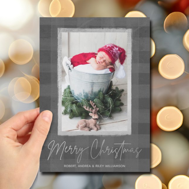 Cartes Pour Fêtes Annuelles Joyeux Noël Buffalo Check Photo (Merry Christmas Gray Buffalo Check Photo Holiday Cards)