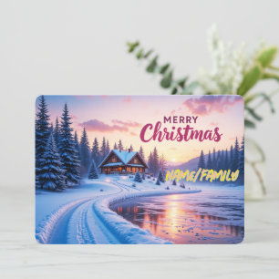 Cartes Pour Fêtes Annuelles Joyeux Noël Cabane d'hiver Coucher de soleil